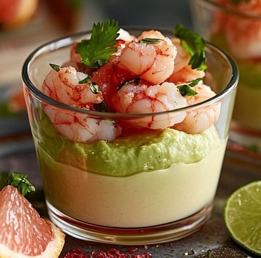 Verrine de mousse d'avocat et crevettes au pamplemousse