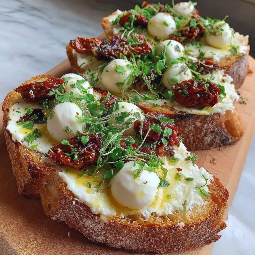 Tartines ricotta, tomates séchées et billes de mozzarella